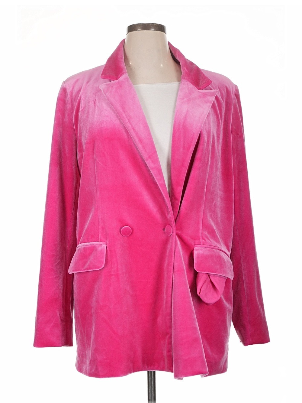 Good American Bright Pink Velvet Double-Breasted Blazer